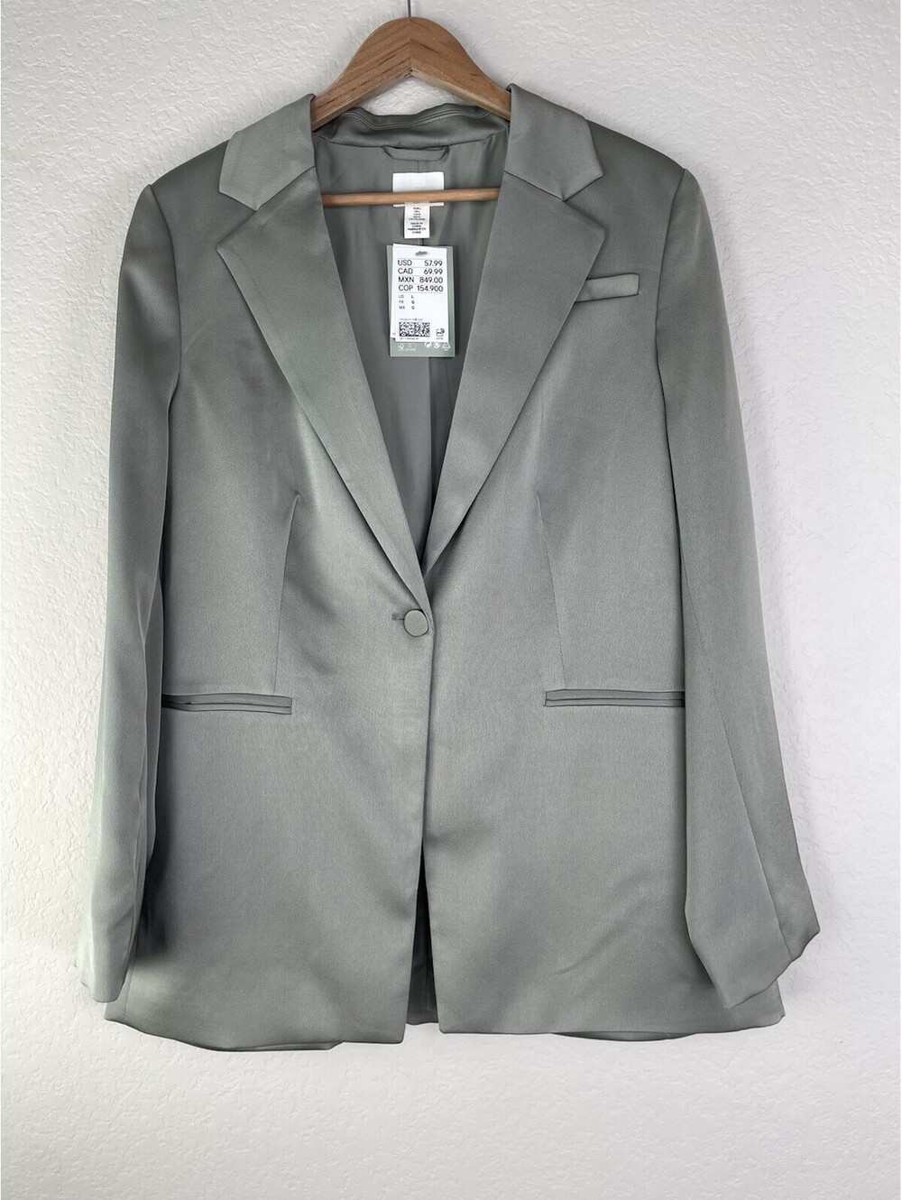 NWT H&M Satin Single Breasted Blazer Jacket Light Sage Green L